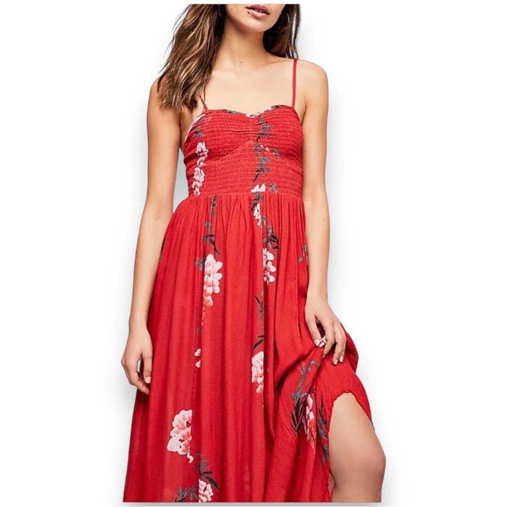 Free People Intimately Beau Smocked Red Maxi Floral Dress